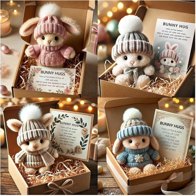 Handmade Mini Bunny Hug Cute Easter Gift, Stuffed Plush Bunnies Figurine in a Box, Emotional Support Pocket Rabbit, Bunny in a Box Inspirational, Mini Plush B unny with Card (4pcs)