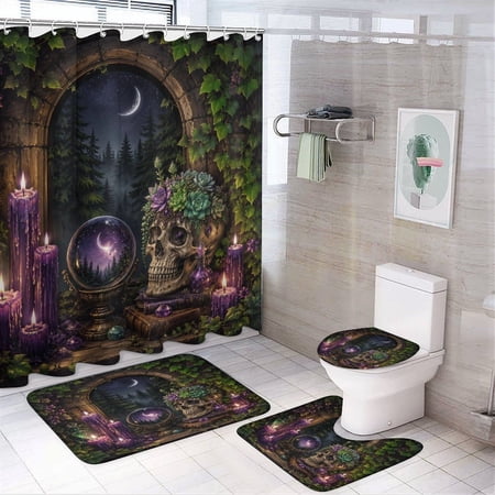 RKSupls 4PCS Crystal Ball Moon Forest Night Waterproof Shower Curtain Sets with Hooks Bathroom Sets with Non-Slip Rugs Toilet Lid Cover and Bath Mat