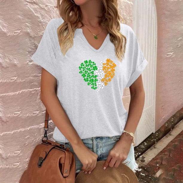 Puntoco Rebajas de blusas cortas para mujer Blusa informal de moda con cuello en V y mangas cortas con estampado del Día de San Pablo para mujer