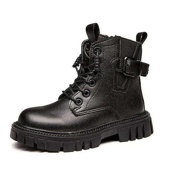 Huowey Kids Boots Stylish Buckle Lace Up Side Zipper Leather Winter Warm Anti-Slip Casual Comfortable Fashion Footwear,Black,4.5-5 Years