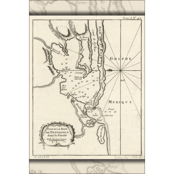 24"x36" Gallery Poster, map of Pensacola Bay florida 1764 in french