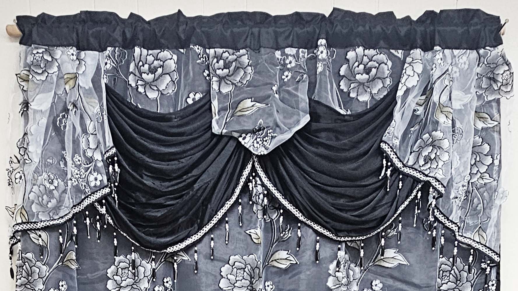 2 Piece Daniela Printed Flowers Luxury Jacquard Attached Valance with Long Crystals Beads and Tassels Window Curtain (54 inches wide x 84 inches long)