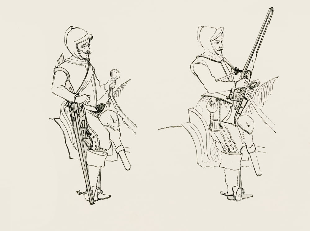 The Marching Posture Of The Harquebusiers Harquebusiers With Snap-Hance Carbines Dated 1632 From The British Army Its Origins Progress And Equipment Published 1868 Canvas Art - Ken Welsh Design Pics