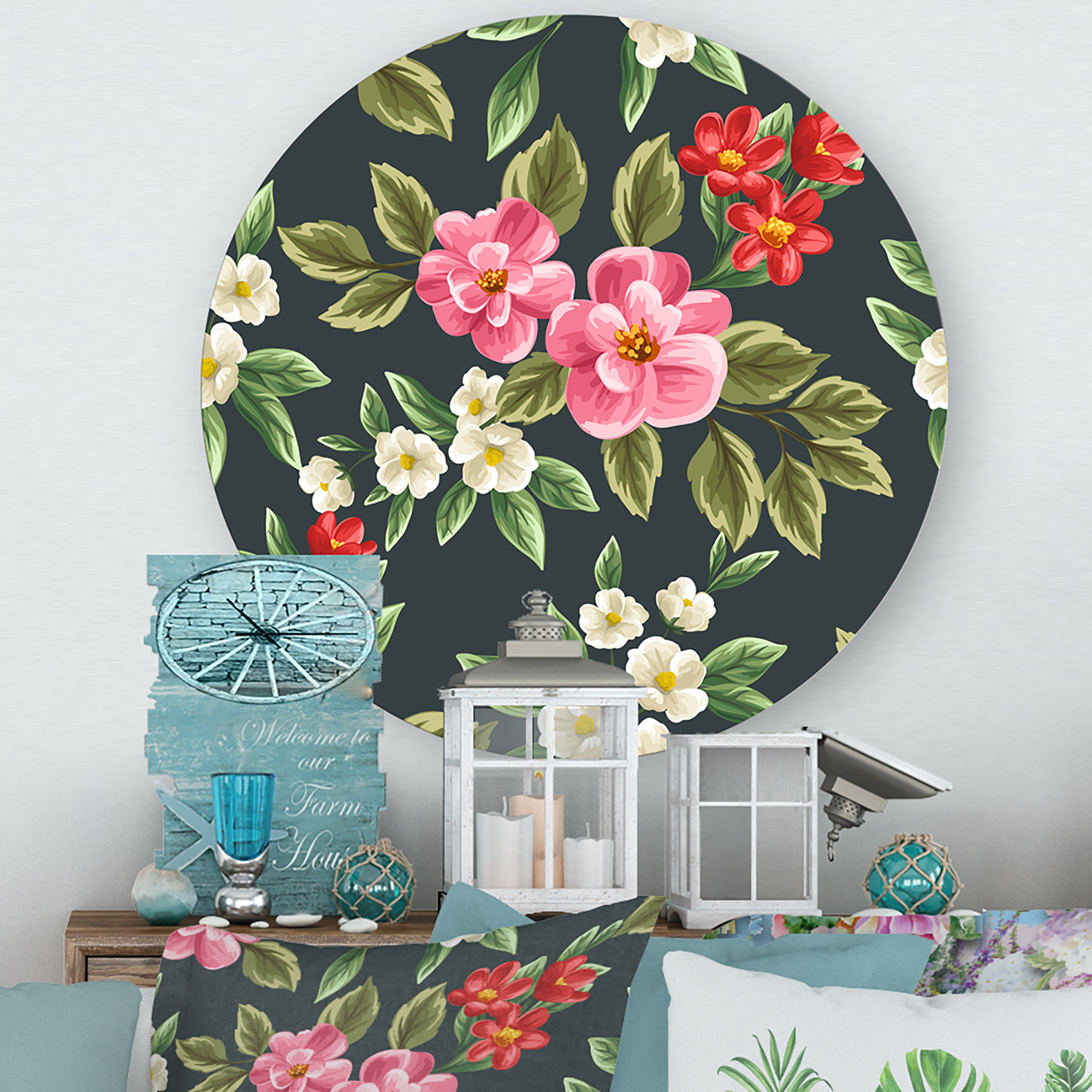 Designart 'Vintage Red and Pink Wildflowers II' Traditional Circle Metal Wall Art 23x23 - Disc of 23
