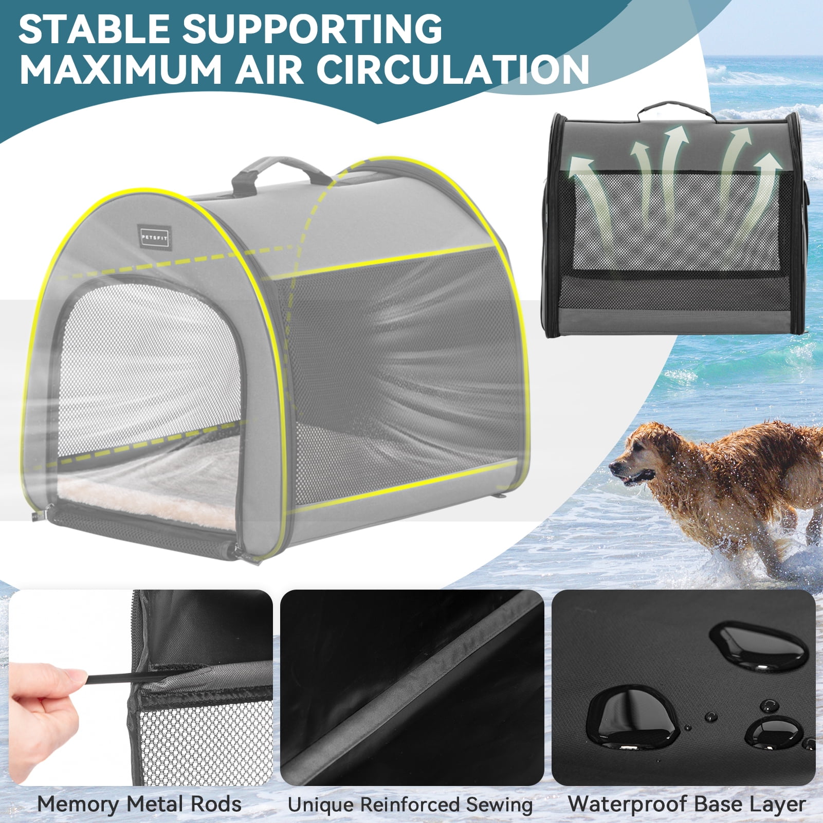 Petsfit Soft Dog Crate for Medium Dog, Arch Design Indoor & Outdoor Soft Sided Travel Crate, Collapsible Portable Pet Carrier,Grey,Medium
