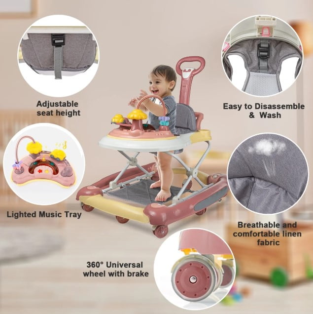 Developmental Walkers For Babies, Foldable Baby Walker, Adjustable Height With Interactive Toys, Pink