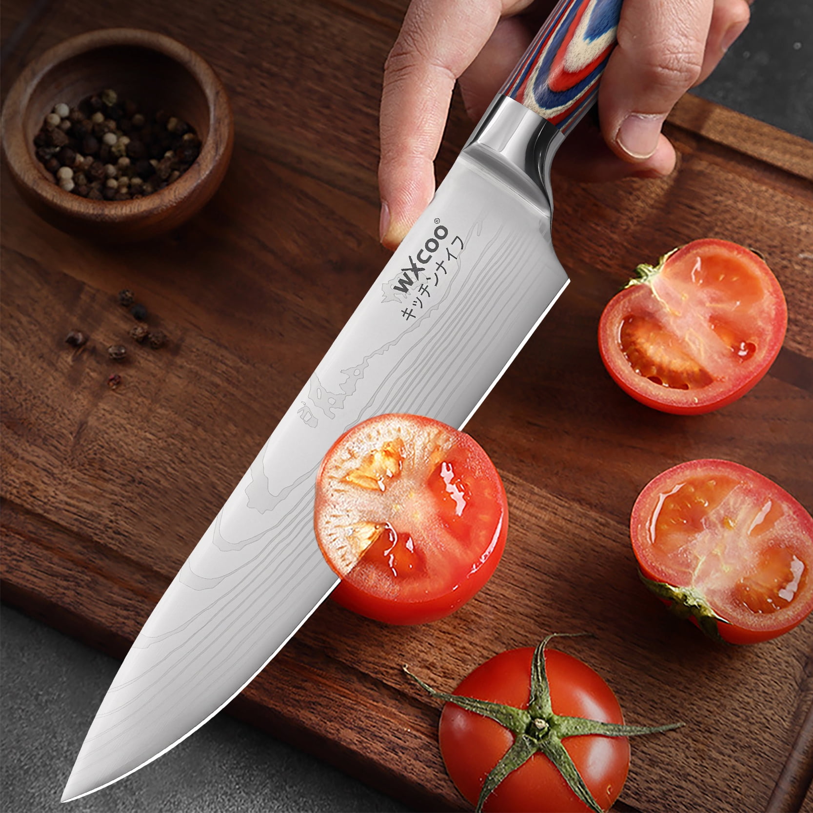 WXCOO Laser Damascus Pattern Kitchen Knife Set 2PCS Santoku Japanese Slicer Chef Knives High Wood Handle for Kitchen with Box