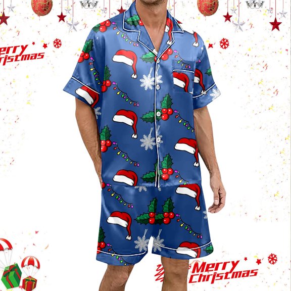 ibiyuan Mens Christmas Pajamas Set Men Xmas Printed Short Sleeve Shorts Pajama Set, Button Front Soft Holiday Indoor Loungewear Suit