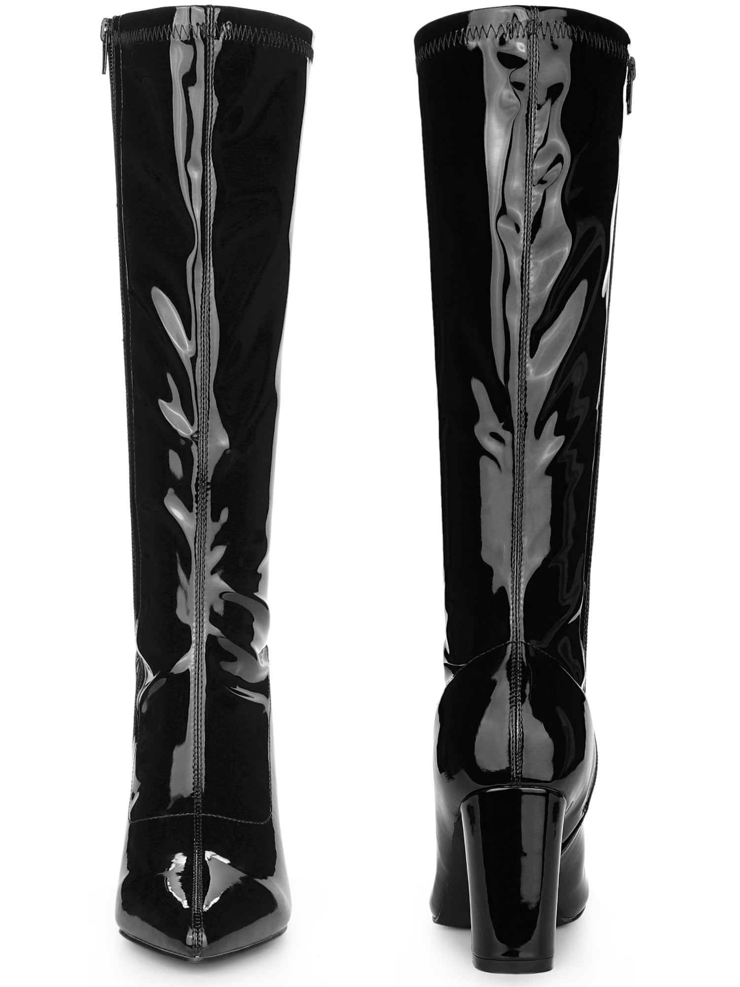 DARING DIVA Women's Go Go Boot Patent Leather Chunky Heels Knee High Boots Black 6