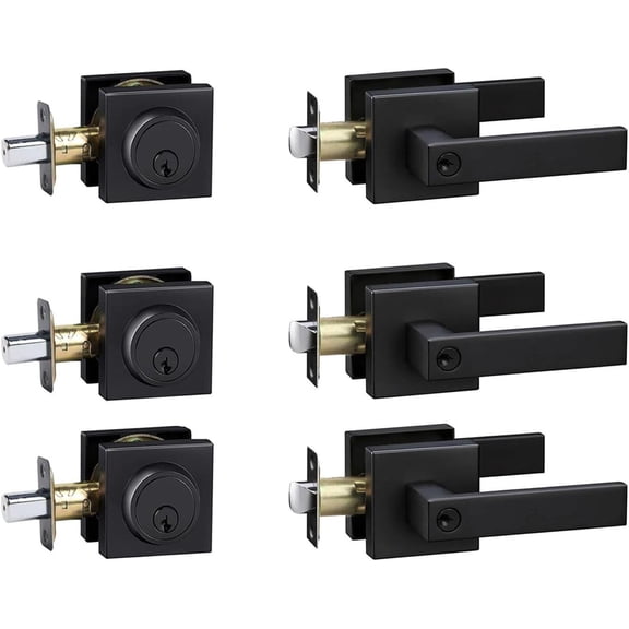 Exterior Door Lock Set with Deadbolt, Front Door Handle Set with Deadbolt, Door Levers Single Cylinder Deadbolt Set, Keyed Alike Heavy Duty Keyed Entry Handles Locksets,(Matte Black ,3Pack)