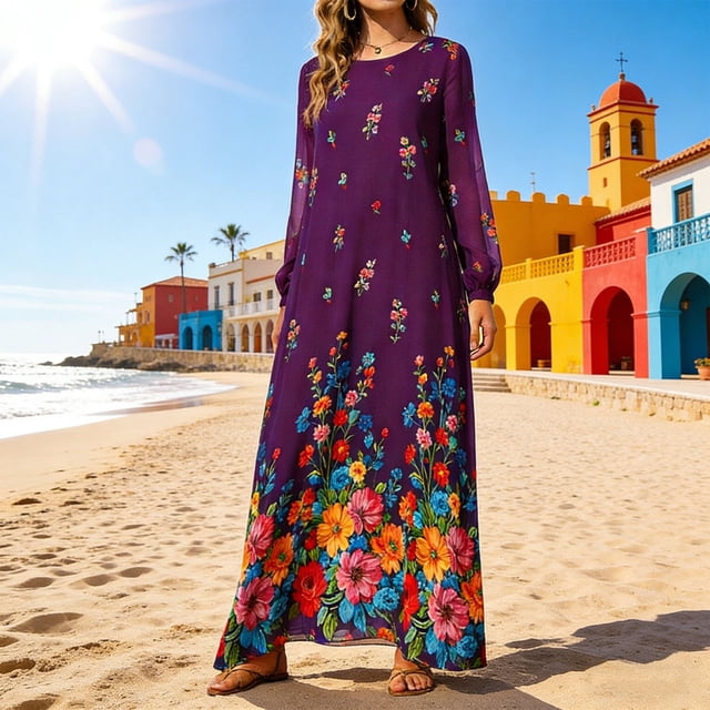 TaTaai Spring Summer Solid Color Printed Dress for Women Chiffon Long Sleeve Round Neck Casual Flowy Midi Dress Soft Comfy Daily Vacation Outfits Gift