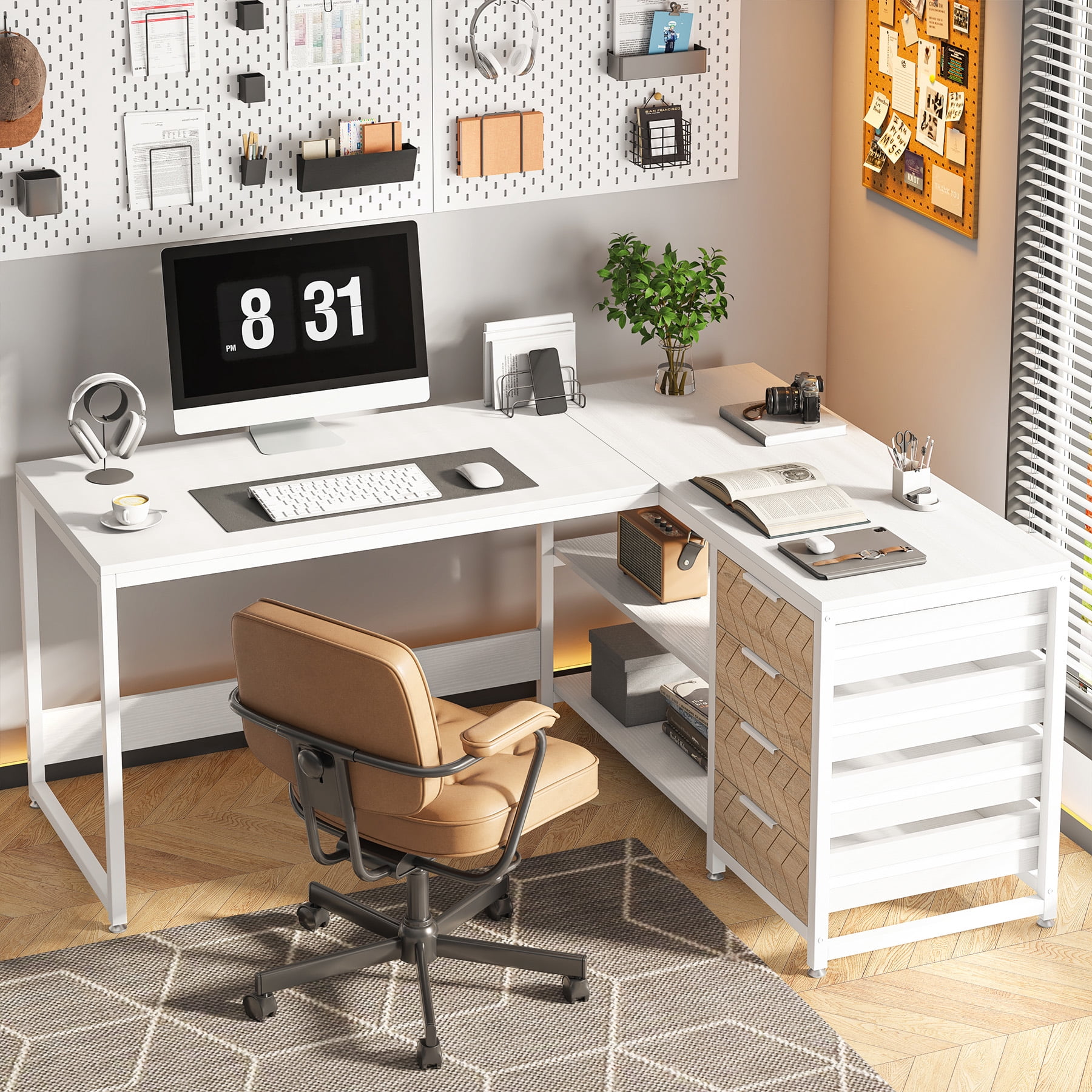Tribesigns L-shaped Computer Desk, 59 inch Corner Desk with Drawers and Storage Shelves, Reversible Writing Study Table for Home Office, White