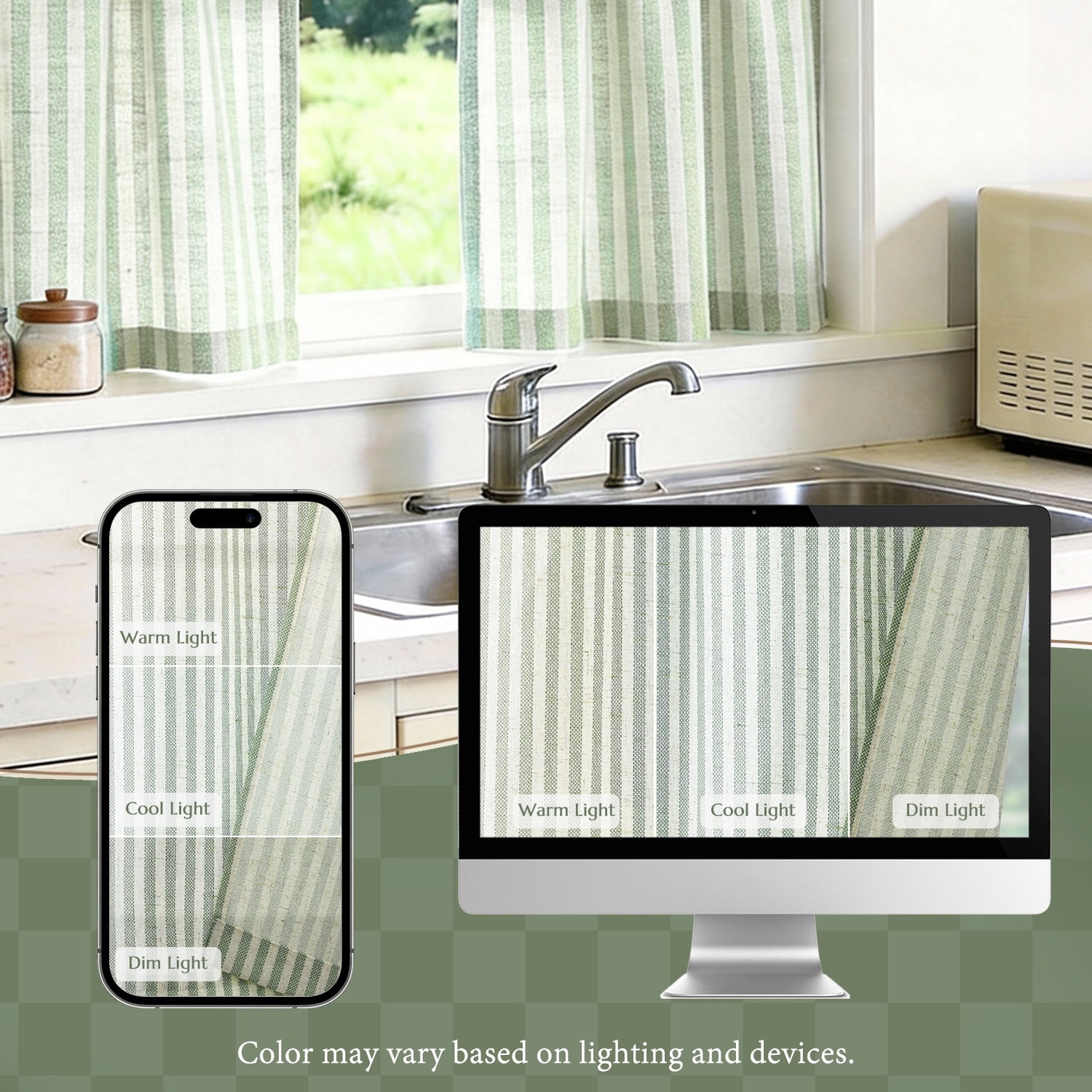 TOPICK Striped Kitchen Curtains and Valance Set 36 Inch Small Linen Curtains for Cafe Living Room Bathroom Farmhouse 3 Pieces Set Rod Pocket Green