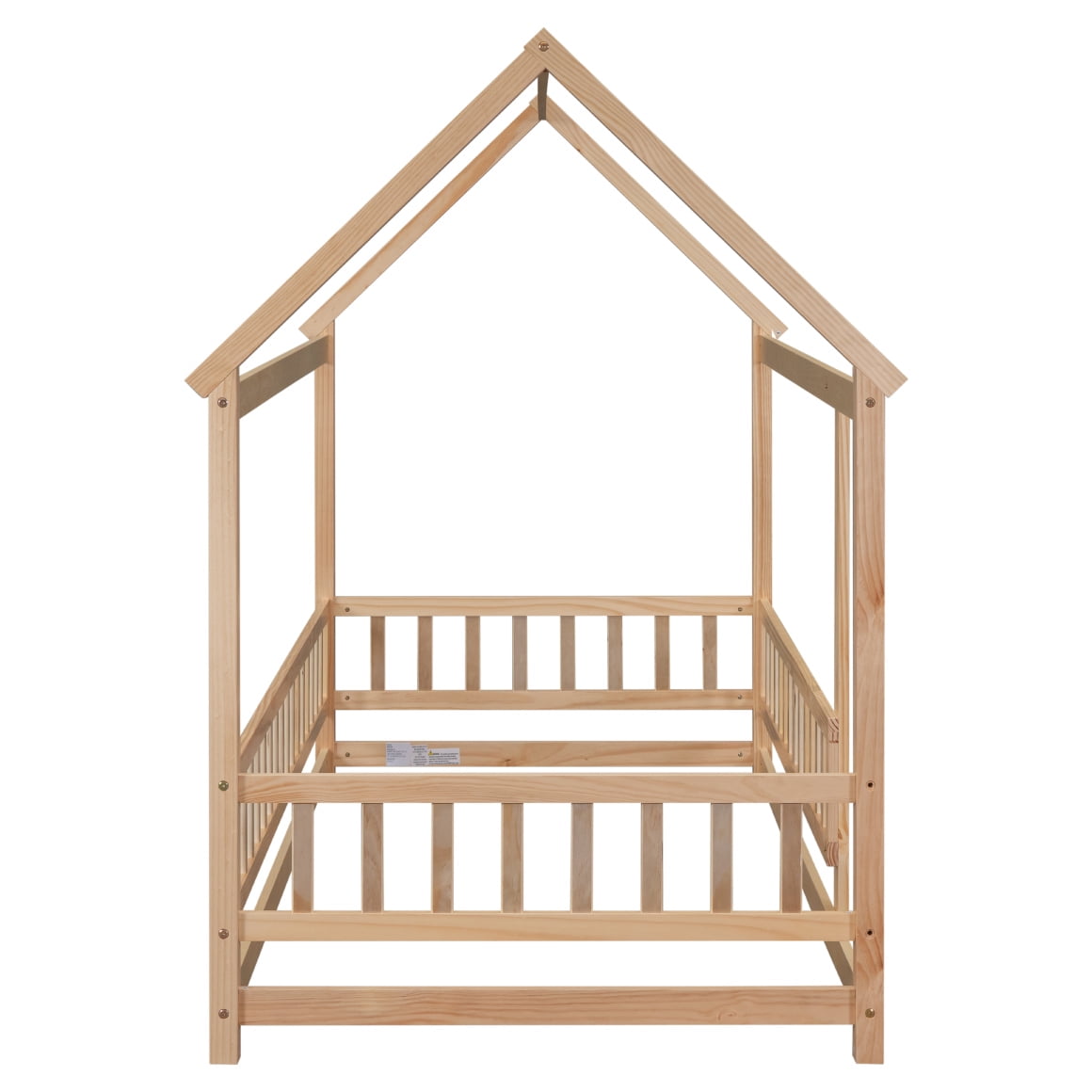 Twin Size Floor Bed Frame, Montessori Floor Bed with House Roof Frame and Fence Guardrails, Natural