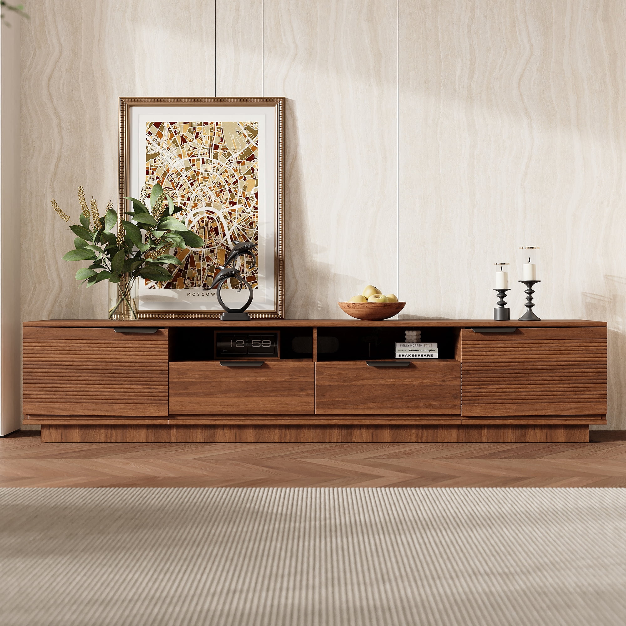 TV Stand for TVs up to 85 Inch, Entertainment Center with Wave-Pattern Doors & 2 Deep Drawers, Media Console with Soft-Close Hinges for Living Room