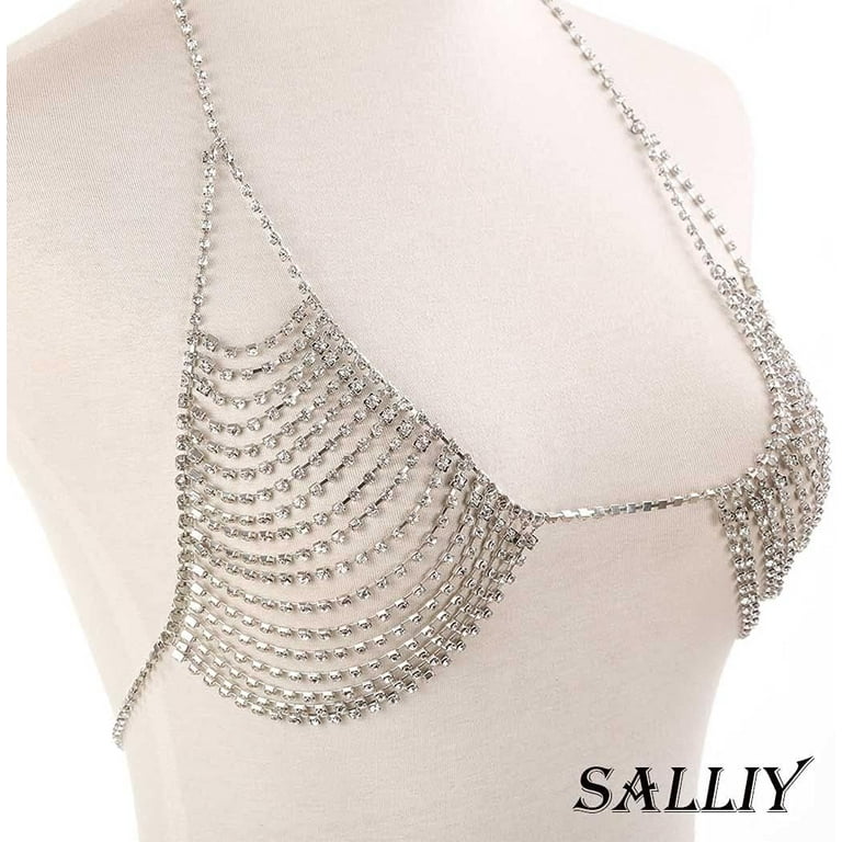 Body Chain Bra Silver Sexy Rhinestone Bikini Bra Body Halter Backless  Sequins Chain Bra Beach Body Accessories Jewelry For Women And Girls