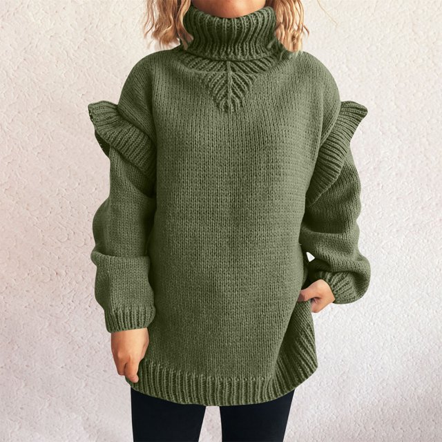 Suéter de cuello alto para mujer, cuello alto, manga larga, encaje, color sólido, suéter de punto, cárdigan, parte superior de poliéster para mujer