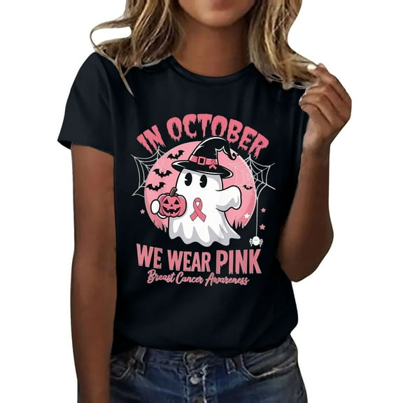 Tiweut Women Casual Blouses 2025 Halloween Short Sleeve Round Neck Graphic Cute Print Loose Fit Regular Tshirt Black,L