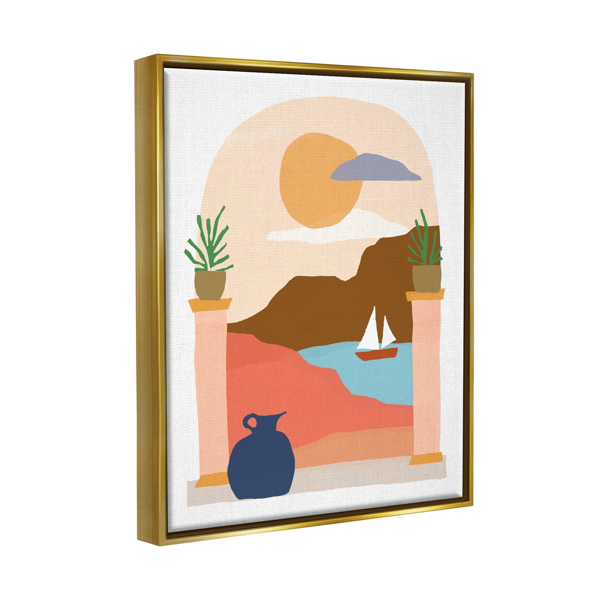 Stupell Industries Calm Distant Sailboat Arch Shaped Landscape Scene Graphic Art Metallic Gold Floating Framed Canvas Print Wall Art, Design by June Erica Vess