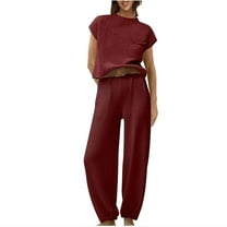 Lovskoo 2024 Women's Two Piece Outfits Sweater Sets Cap Short Sleeved Round Neck Knit Pullover Tops and High Waisted Pants Lounge Sets Burgundy L