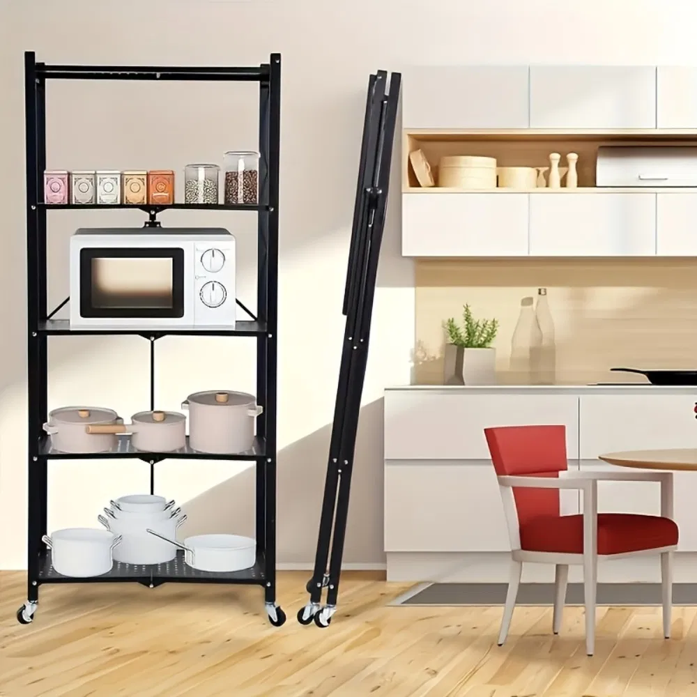 Heavy Duty Foldable Metal Storage Rack with Wheels, 5 Tier, No Installation, Removable Shelves, Black - Utility Shelving for Garage, Kitchen, Living Room, Study, Basement