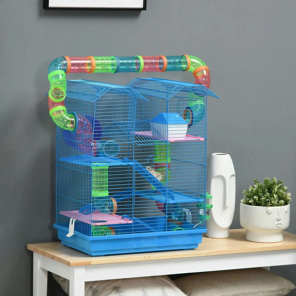 Resenkos Pet Mouse Cage, Hedgehog Cage,5 Tier Hamster Cage with Tubes and Tunnels, Rat Gerbil Cage with Water Bottle, Blue