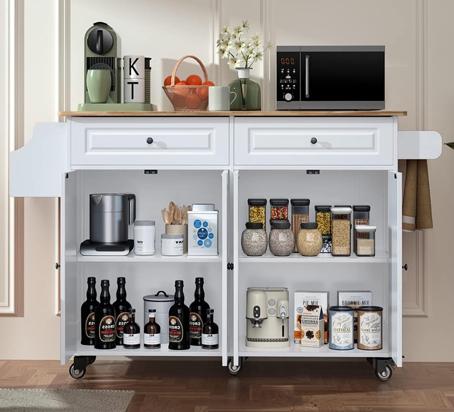 Aiho 45.5'' Kitchen Island Cart with Storage , Rolling Kitchen Island with Folding Drop Leaf Breakfast Bar for Dining Room, White