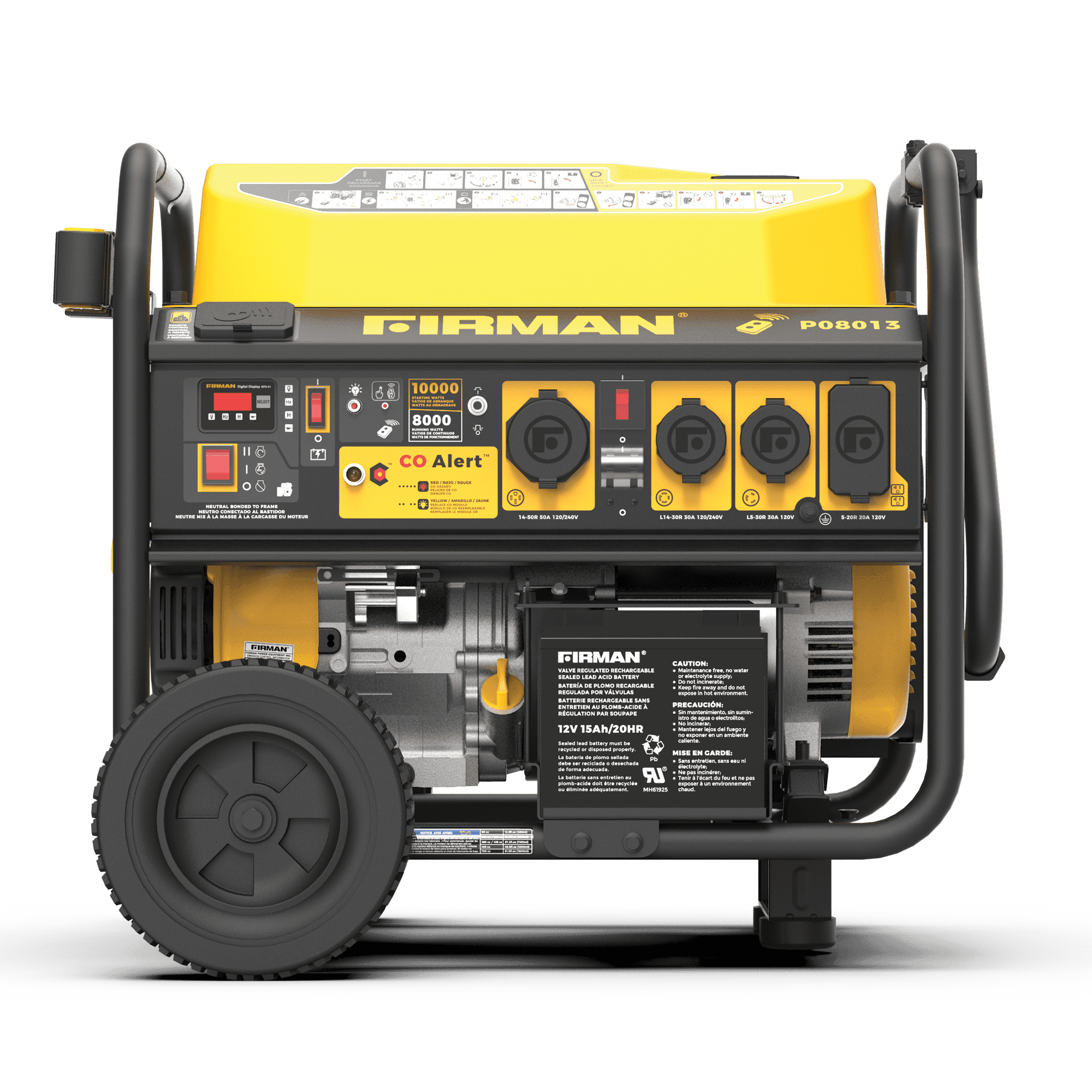 Firman Generator, 8000W/10,000W, Gasoline, Remote Start, 120/240V, w/ Wheel Kit, CO Alert, Adapter, Short Power Cord and Cover