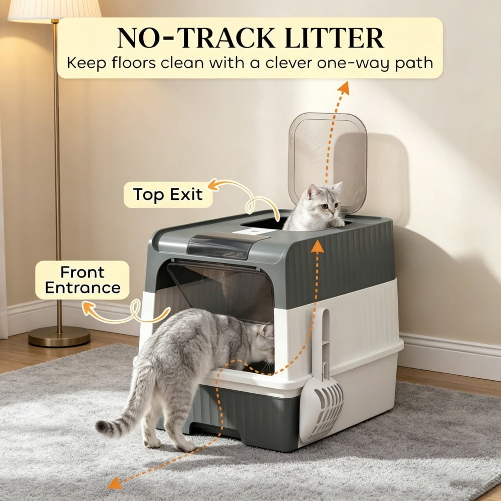 ZephyPaws Upgraded Fully Enclosed Cat Litter Box with Lid,Covered Cat Box Enclosure,Anti-Splashing Easy to Clean Kitty Litter Boxes with Drawer, can Use from Kitten to Adult(White Gray)