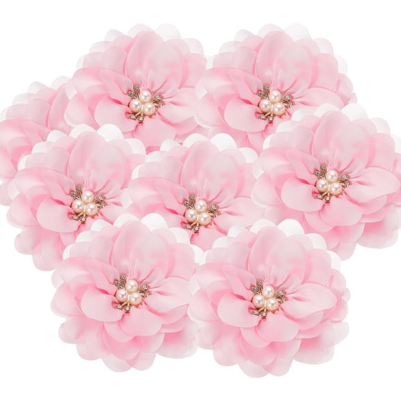 3.15 Inch Chiffon Flowers, 10 Pcs Fabric Flowers Rhinestone Pearl Large Camellia Sewing Appliques for DIY Crafts Dresses Clothing Headbands Wedding Party Decoration, Pink