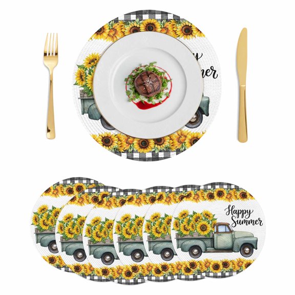 Sunflowers Truck Round 13 Inch Placemats Set of 6, Summer Seasonal Botanical Blooms Floral HeatResistant Non Slip Place Mats for Dining Table, Wipeable Braided Kitchen Table Mats for Housewarming