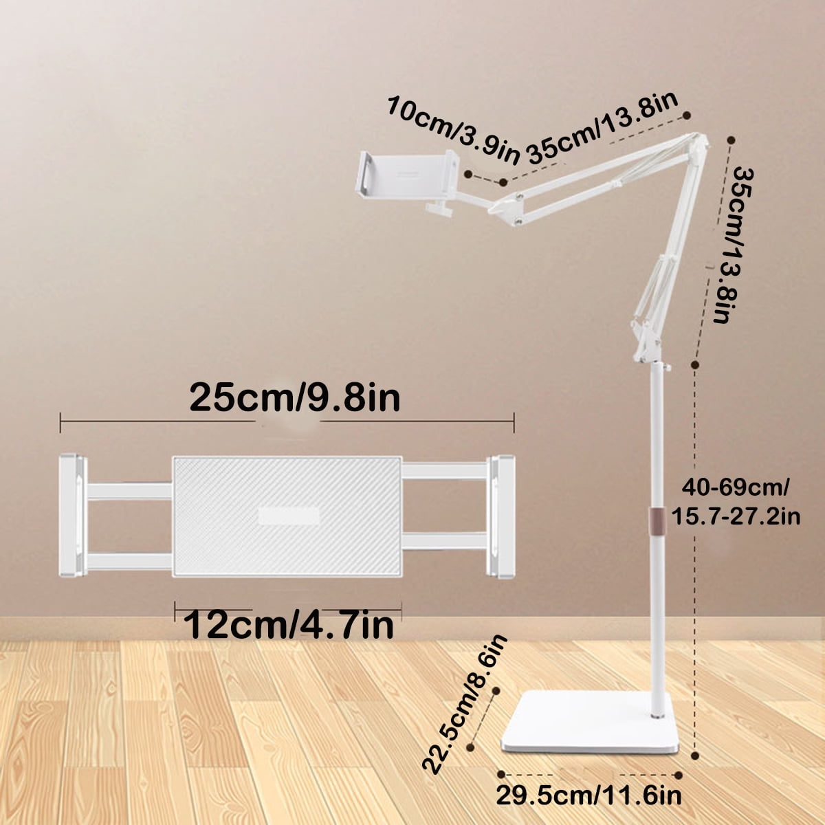 Tablet Floor Stand, Overhead Bed Phone Mount Height Adjustable Arm Stretchable Stand Holder-White