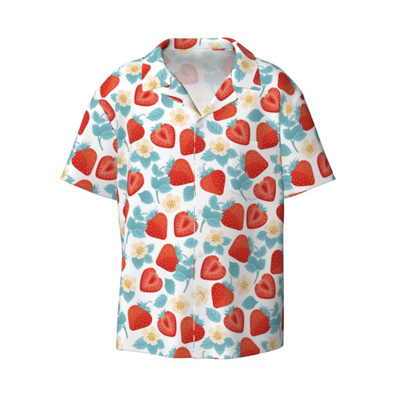 Xecao offers the Strawberries for Men's Casual Short-sleeved Shirt, a button-up collared shirt with a pocket, perfect for beach vacations and yacht travel in the Small size.
