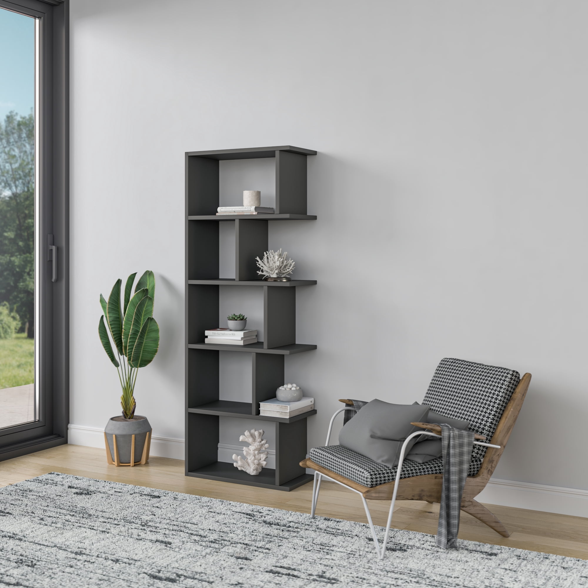 Ada Home Decor Bayside Multiple Tier Open Shelf Modern Bookcase, Anthracite