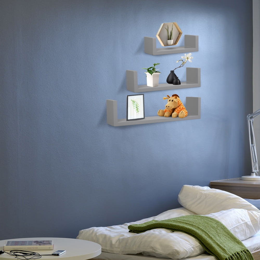 Private Jungle Wall Shelves Set of 3 Floating Display Shelves Ledge Bookshelf Wall Mount Storage Home Decors，Gray