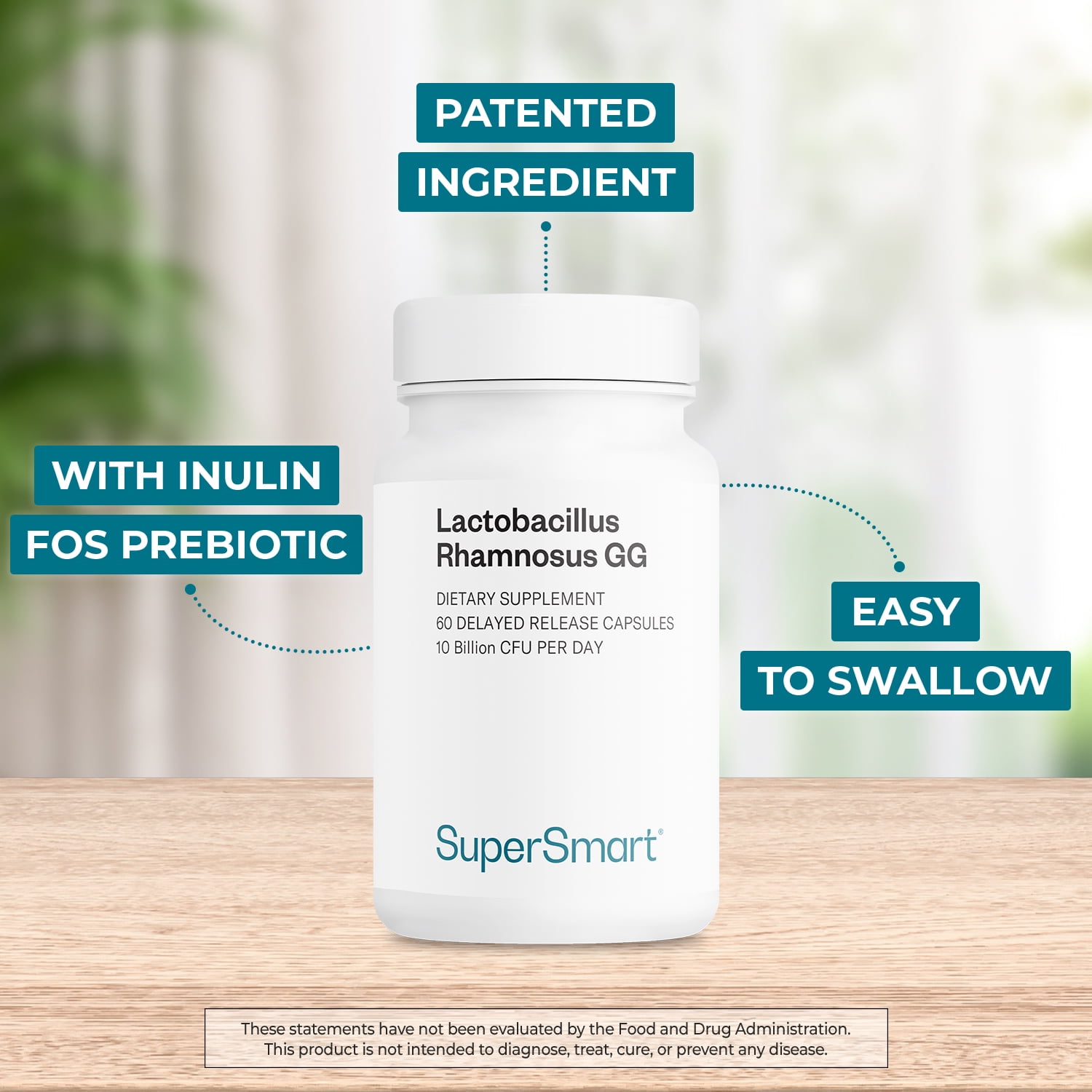 SuperSmart Lactobacillus Rhamnosus GG 10 Billion CFU per Day (LGG Probiotic with Inulin) - L. Rhamnosus Supplement | Non-GMO & Gluten Free - 60 DR Capsules