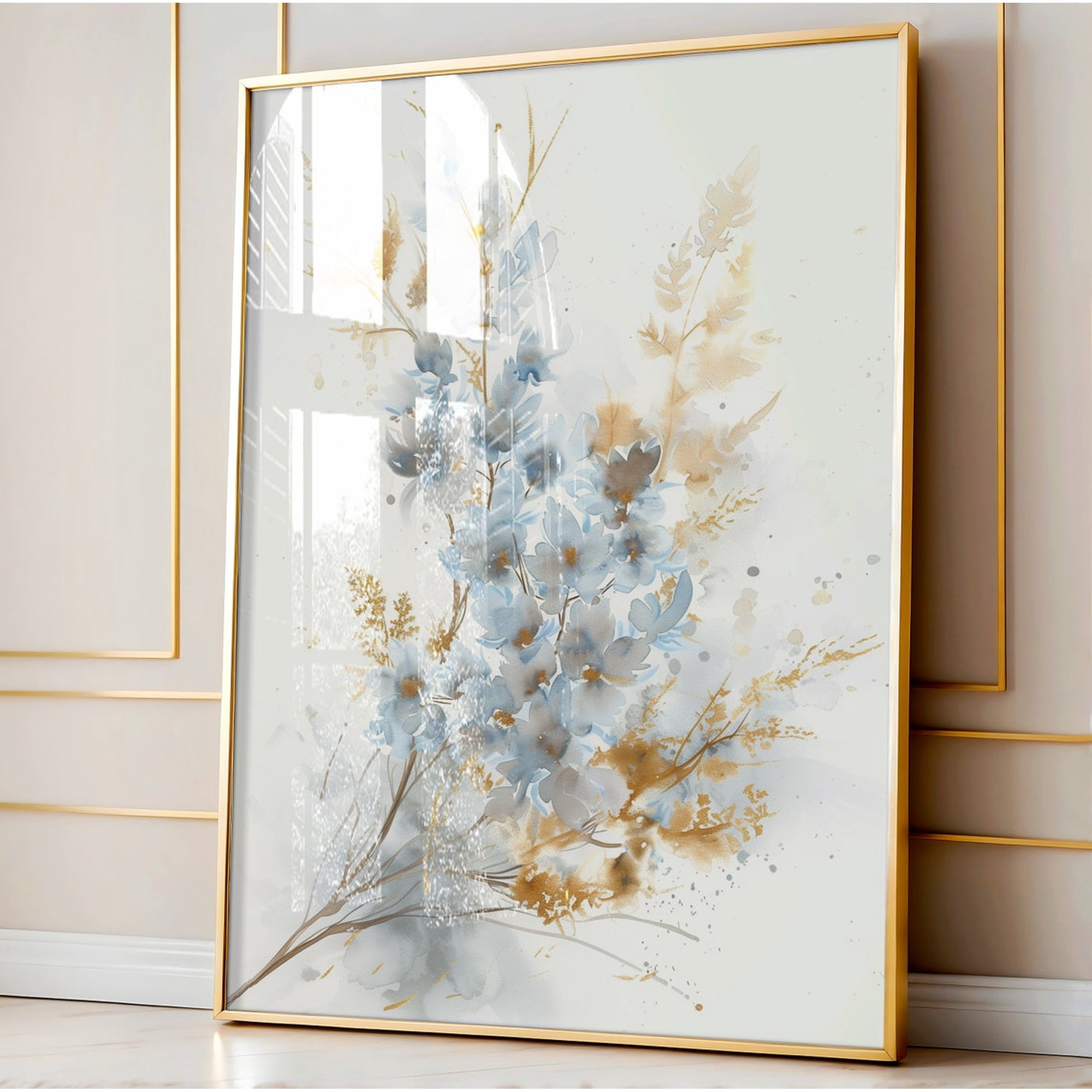 Wildflower Wall Art Light Blue and Gold Botanical Print Boho Flower Decor Prin Floral
