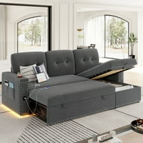 Homfa Modern Sleeper Sofa with Pull-Out Bed, L-Shaped 3-Seat Sofa with Storage Chaise Couch & USB Charging Port for Living Room,Linen Fabric, Gray