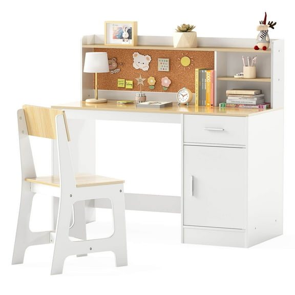 Costway Kids Study Desk and Chair Set Wooden Children Writing Table with Shelves & Drawer Beige