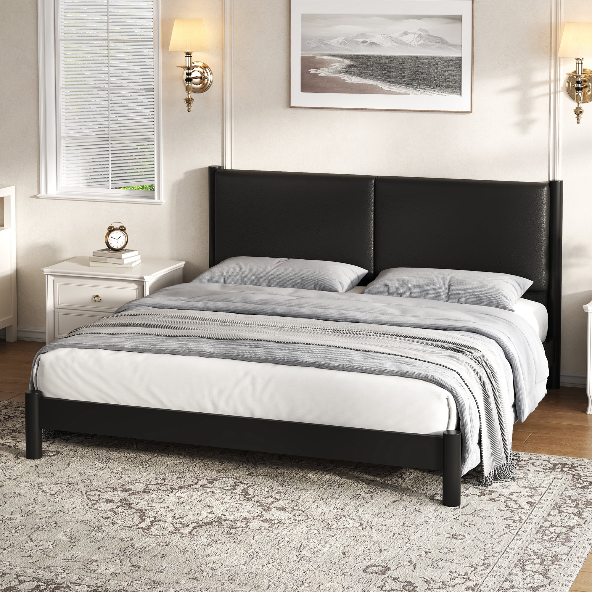 Euroco Wood King Size Platform Bed with PU Leather Headboard, No Box Spring Needed, Black
