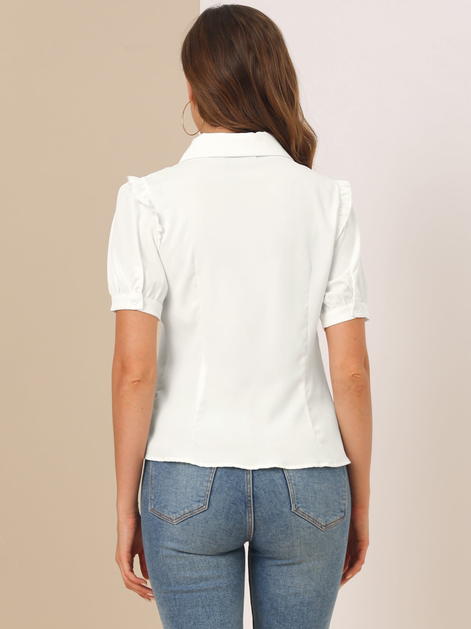 DARING DIVA Women's Peter Pan Collar Short Sleeve Button Front Shirts M White