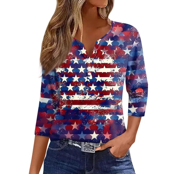 IYYVV 3/4 Length Sleeve Womens Tops 4th of July Button Down Shirts for Women Summer Top 2025 Patriotic Stars Stripes Flag Graphic Tees Royal Blue S
