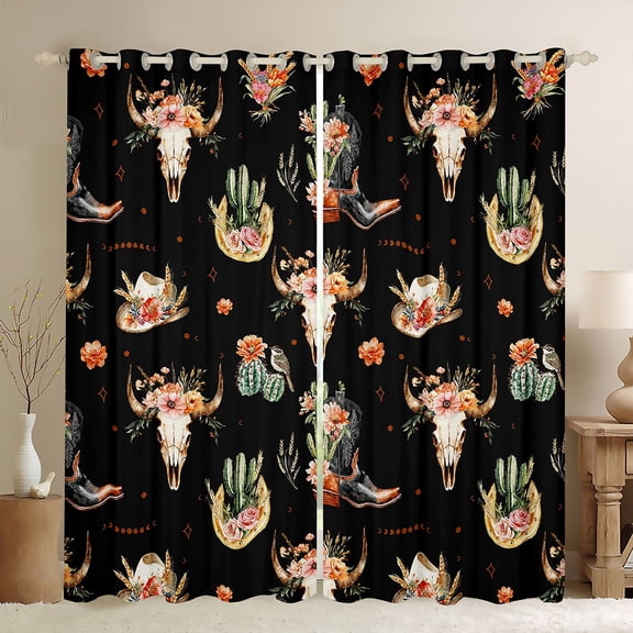 Feelyou Tribal Western Boot Black Out Curtains for Kids, Rustic Gothic Sheep Skull Curtains Pack of 2 (42x63 Each), Cactus Botanical Bedroom Curtains, Blackout Curtains Home Decor