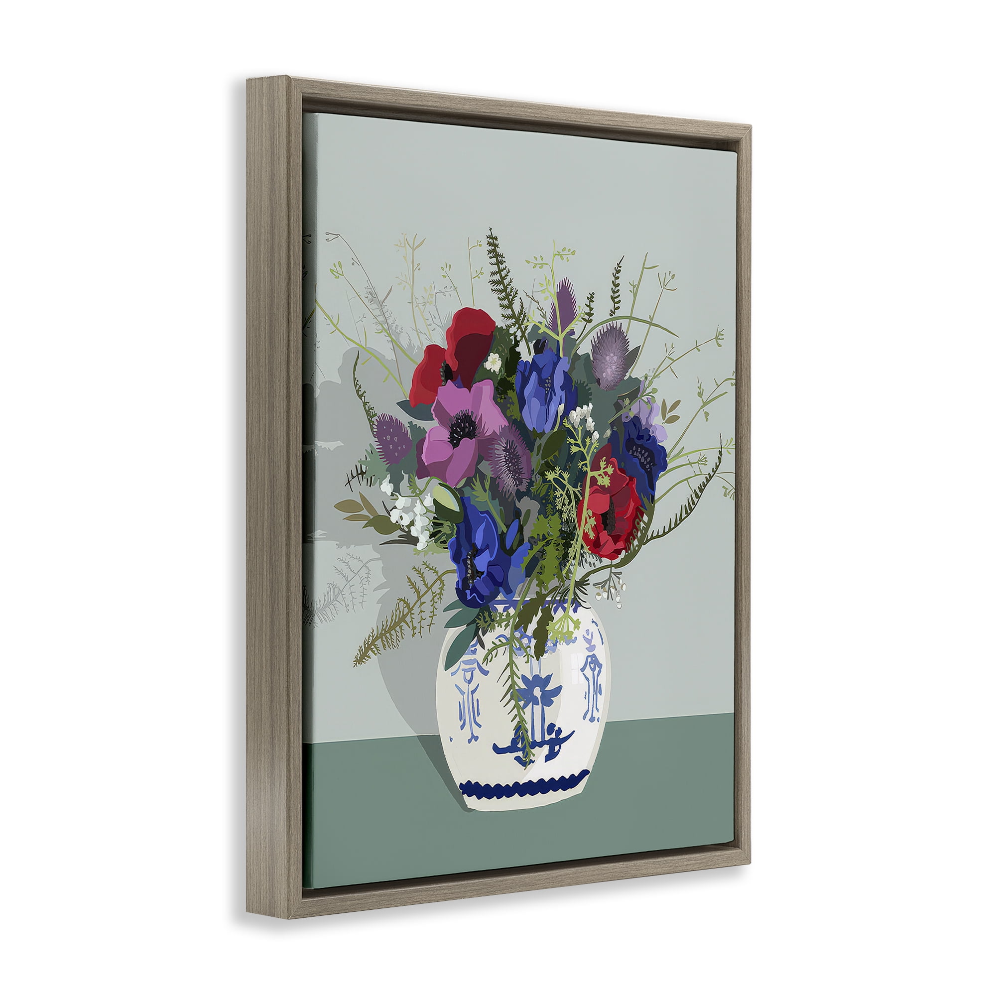 Stupell Industries Ginger Jar & Anemones Plants & Flowers Painting Brown Floater Framed Canvas Art Print Wall Art, 25 x 31