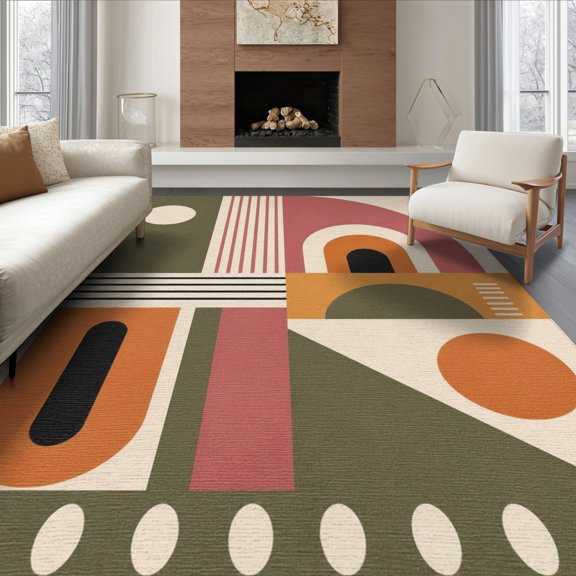 ODIKA 8'x10' Washable Area Rug Non-Shedding, Easy Care, Olive Pink Geometric Artistic Design Elegant Rectangular Motif with Stripes for King Size Bedroom Under Bed, Master Suite