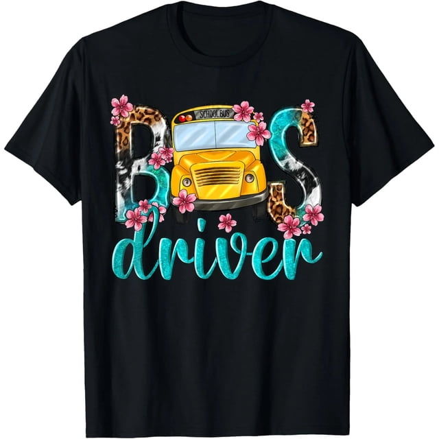 Camiseta Casual de Manga Corta para Mujer - Estampado Floral y Leopardo - Autobús Escolar "De Vuelta a Clases"