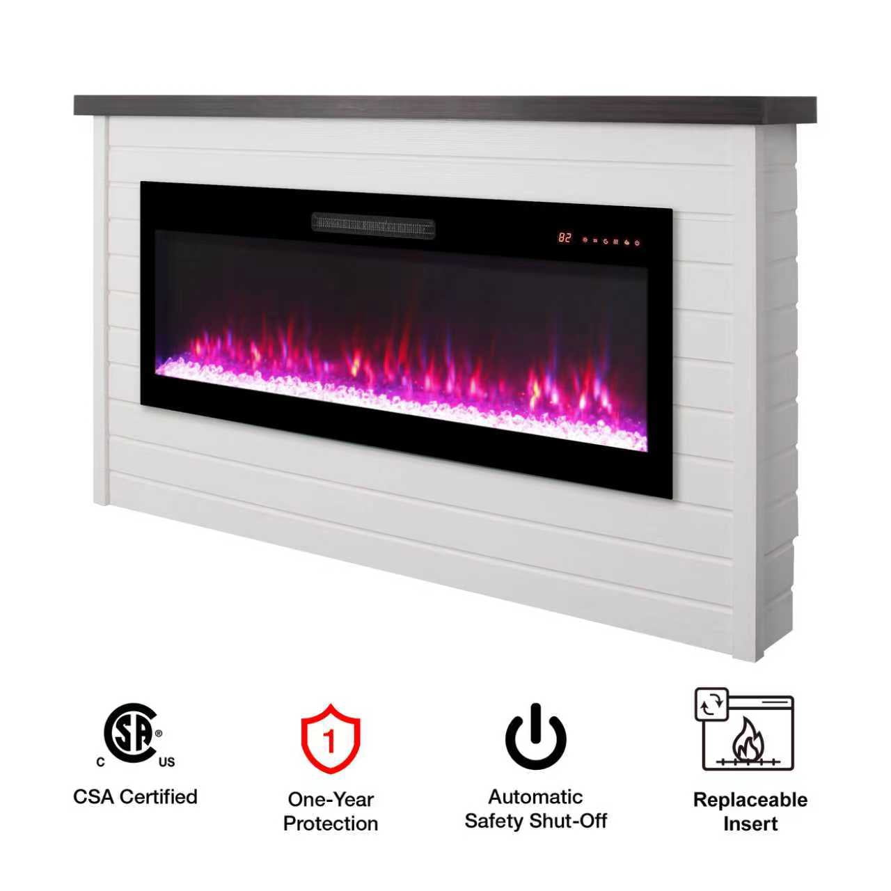 Innoflame 65" Electric Fireplace with Mantel, Replaceable Fireplace Insert Heater, White Fireplace with Adjustable Flame, Timer, Remote, Overheating Protection, Shiplap Wall Mantel for Living Room