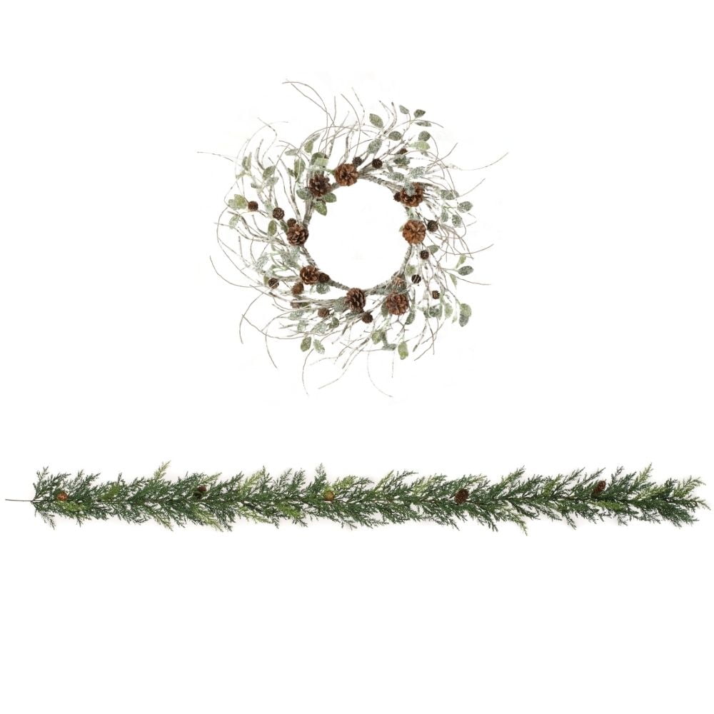 Sullivans Artificial Iced Arborvitae 30H Wreath and 6'L Garland Set, Green  and Black 