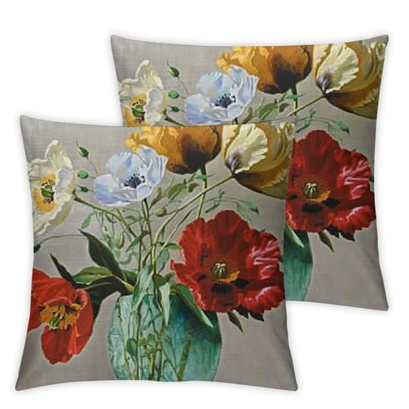 nygtbtfer Linen Square Decorative Throw Pillow Case Cushion Cover Tricolor Orange Red Yellow Blue Poppy Flowers Gift Anniversary Day Present White
