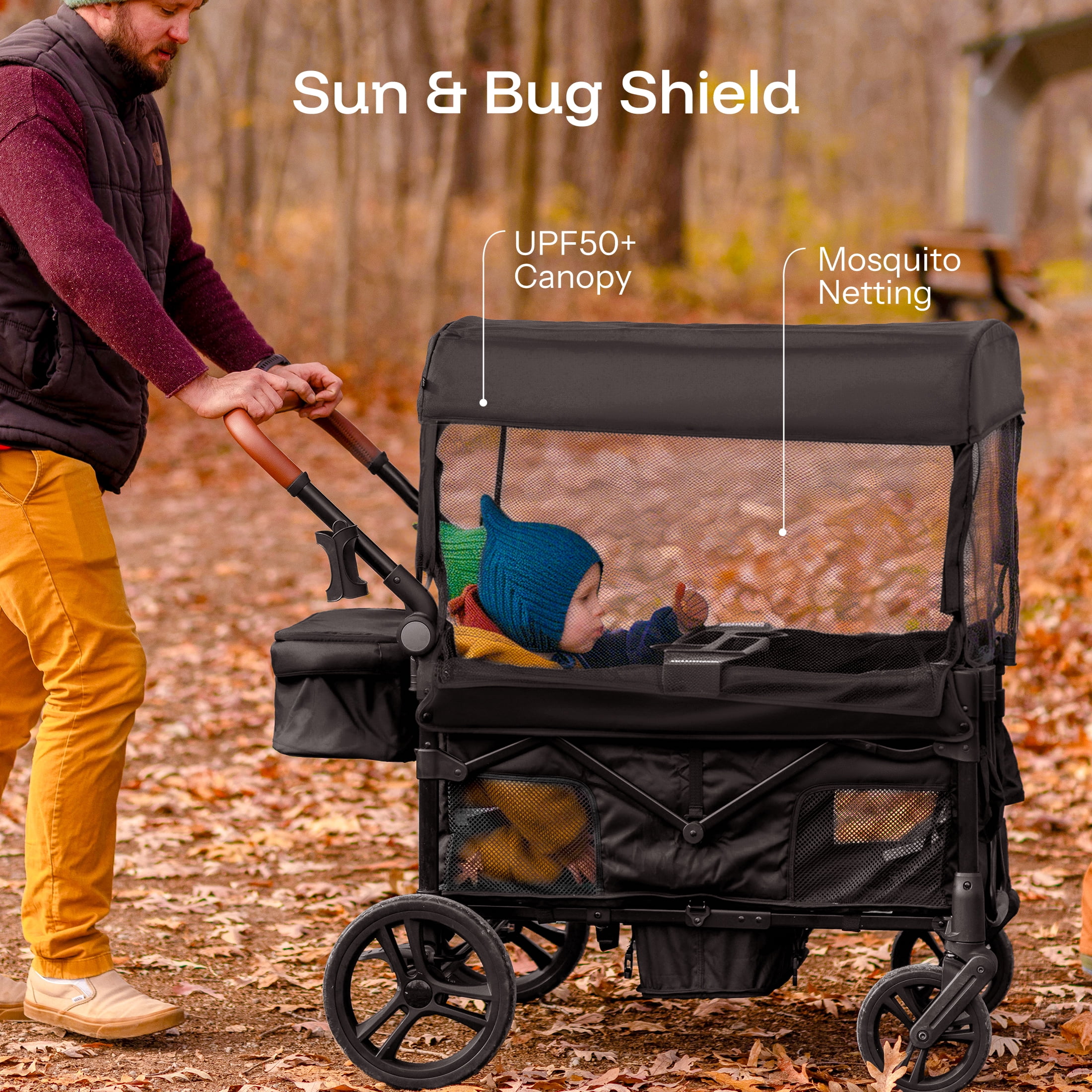HARPPA Foldable Wagon Stroller for 4 Kids with 5-Point Harness, Canopy, Black